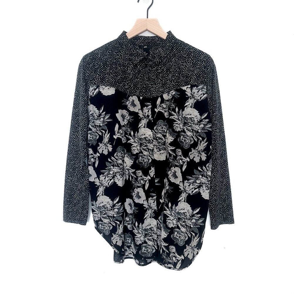 H&M Black Floral Print Long Sleeve Button Down Shirt Small